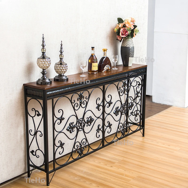 

TieHo European-style Iron Console Table Porch Narrow Table Side Cabinet Hallway Furniture Iron Flower Frame Design