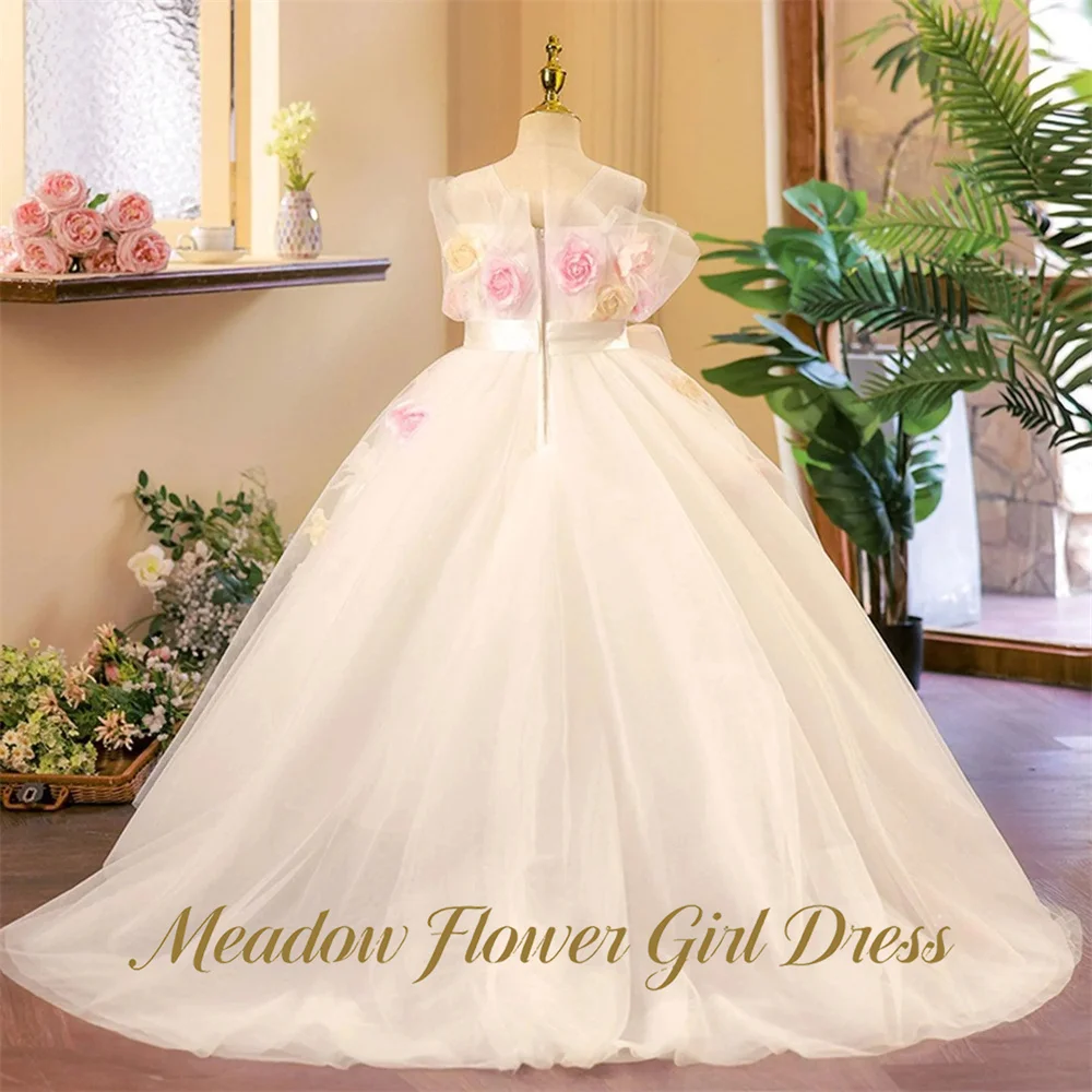 Meadow Ivory Children Birthday Wedding Dresses Sleeveless A Line Flower Girl Dress with Statement Bow Princess Girls Dress