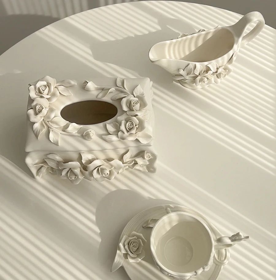 Vintage relief ceramic coffee set, hand-squeezed camellia afternoon tea set, tissue box, creative gift.