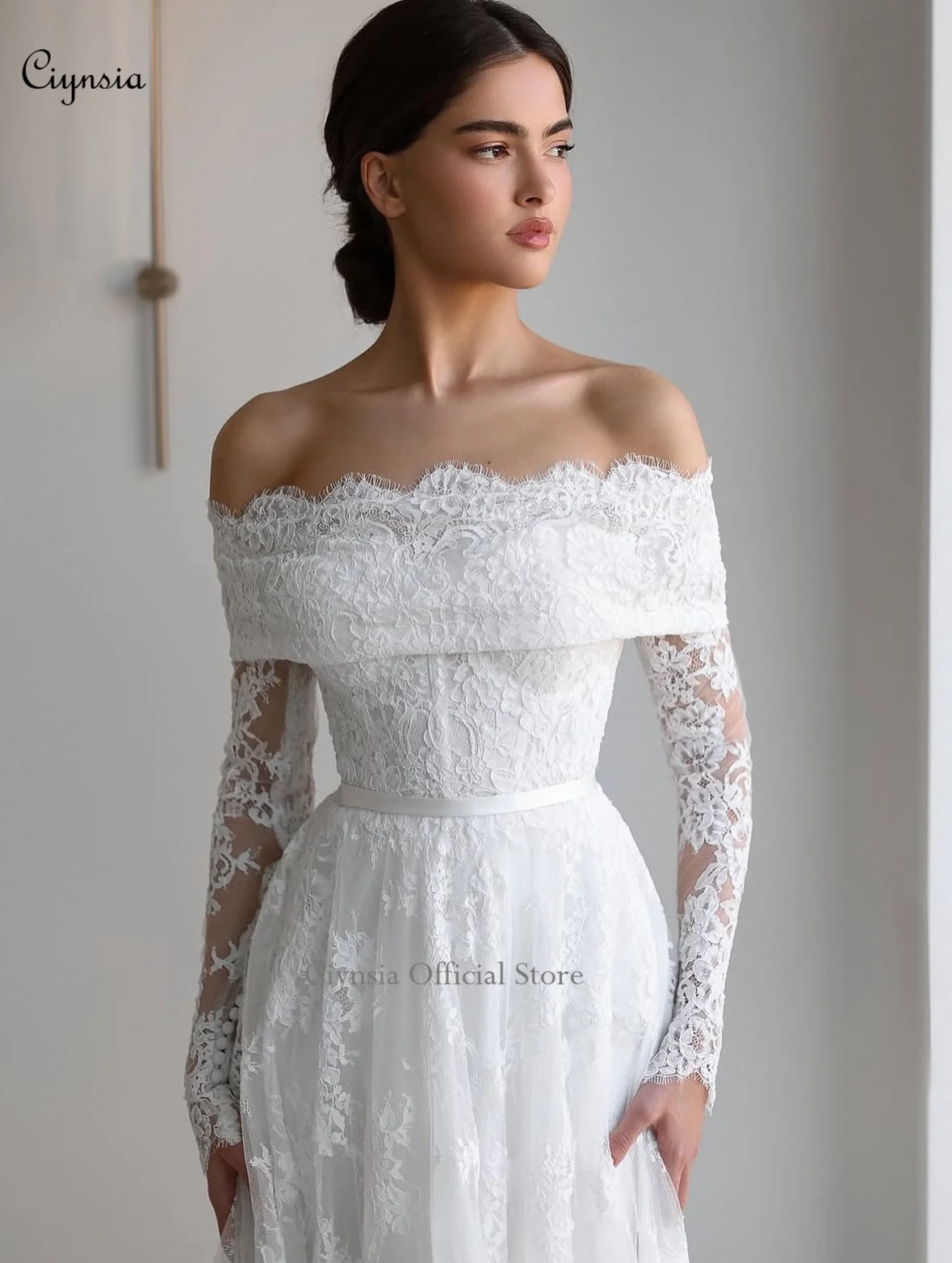 فساتين زفاف دانتيل مكشوفة الكتف وأكمام طويلة على شكل حرف A فساتين زفاف أنيقة للعرائس فيستدو دي نويفا حسب الطلب #3