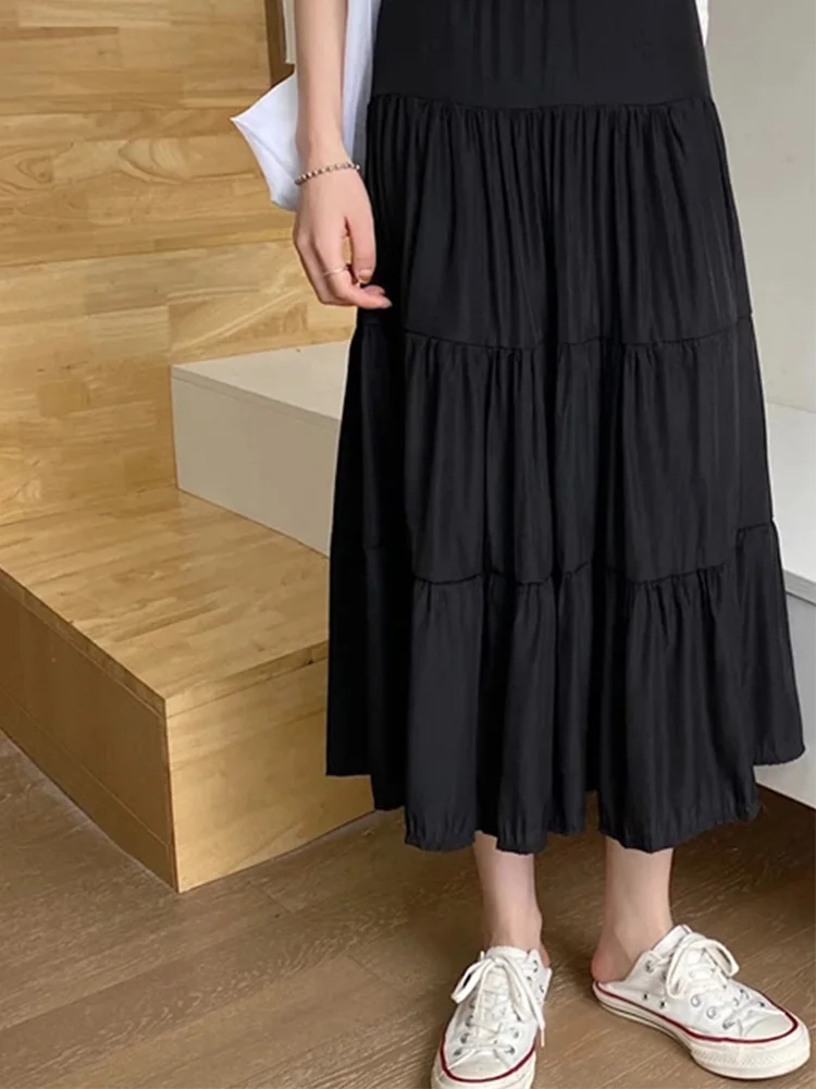 Spring Summer Women Chiffon Skirts Vintage High Waist Elastic Patchwork White Black Chic Long Cake A-line Skirt for Student