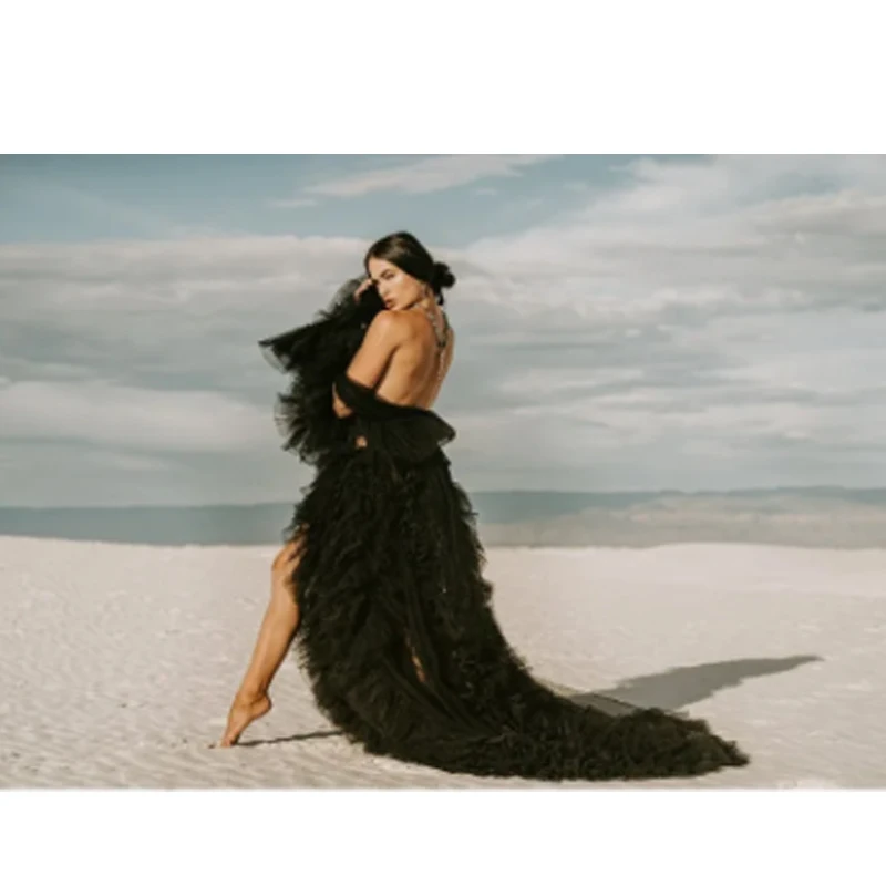 Black Tulle See Through Maxi Dress Puff Sleeve Fluffy Ruffles Maternity Photoshoot Outfit Oversized Mesh Robe for Engagement Bea