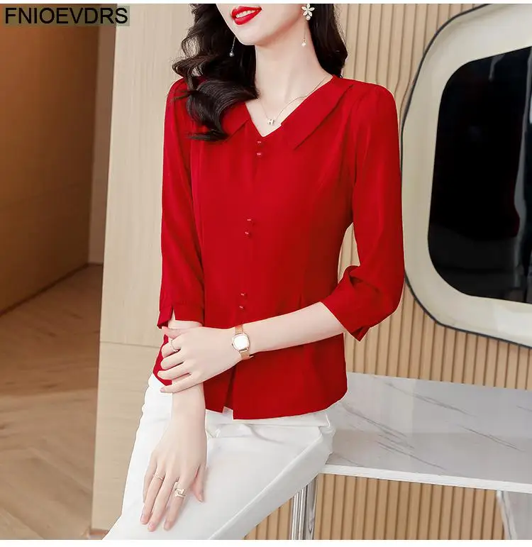 5 Colors Hot Women 2023 Elegant Office Lady Casual Solid Basic Button Shirts Purple Red Peplum Peter Pan Collar Tops Blouses