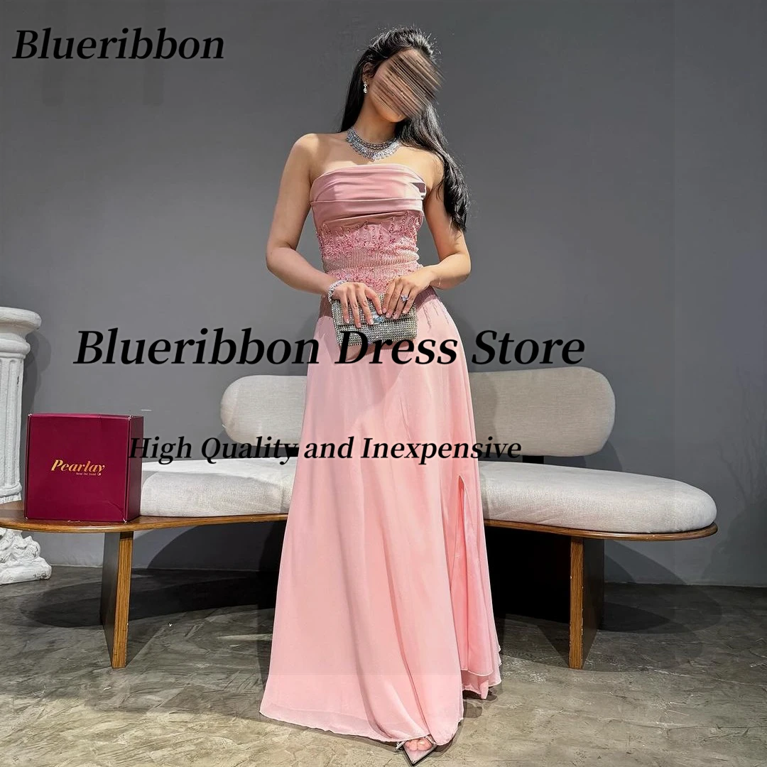 Blueribbon Pink Prom Dresses Ruched Strapless Beaded Sash Holiday Party Women Wear Evening Gown Zipper Lace Up Back Formal Dress