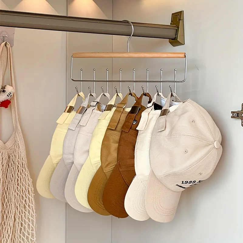 1pc Versatile Wooden Hat Organizer Rack with Hooks Caps Belts Ties Storage Space-Saving Home Retail Display Clothes Storage