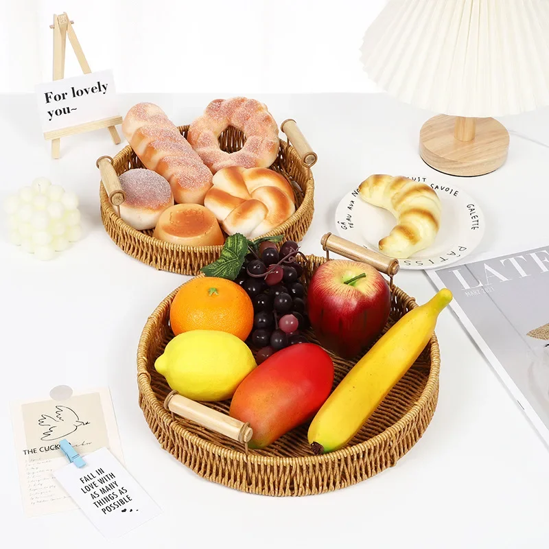 Plastic Storage Tray With Handle Imitation Rattan Weaving Basket Sundries Plate Fruit Platter Tea Tray Dinner Serving Tray