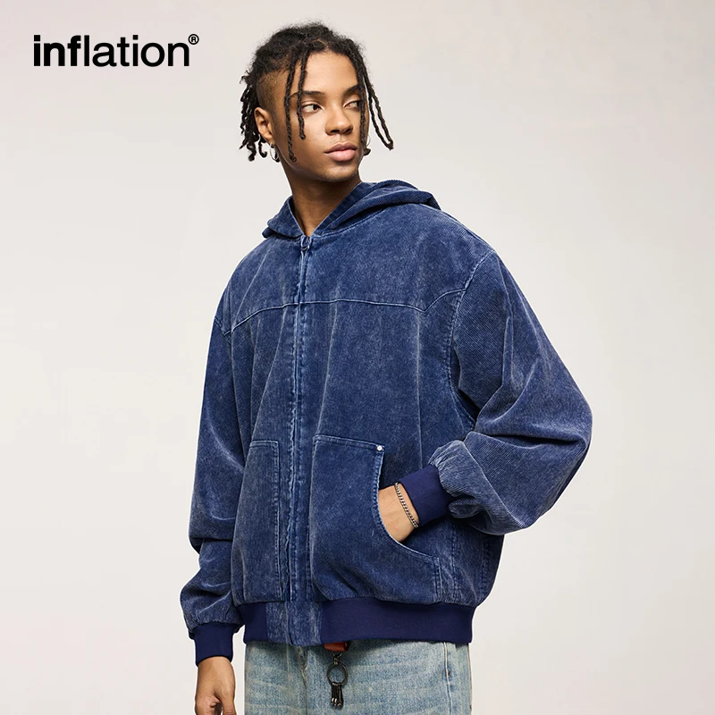 INFLATION Men's Washed Faded Corduroy Hooded Jacket Vintage Street Style Short Zip-Up Coat