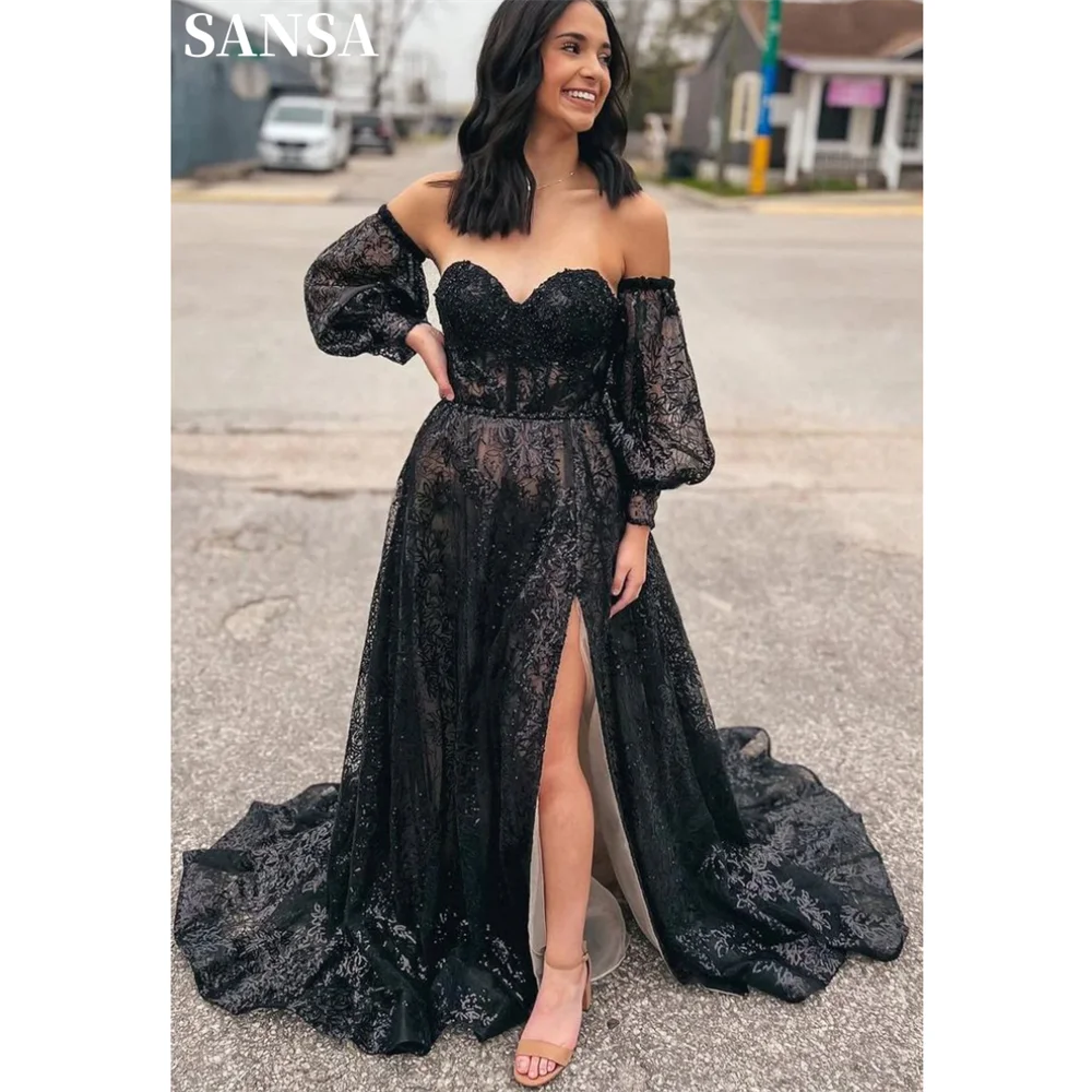 

Sansa Luxury Puffy Sleeve Gliiter Lace Prom Dress Black Shiny Vestidos De Noche Sexy Side Split A-line فساتين سهره فاخره