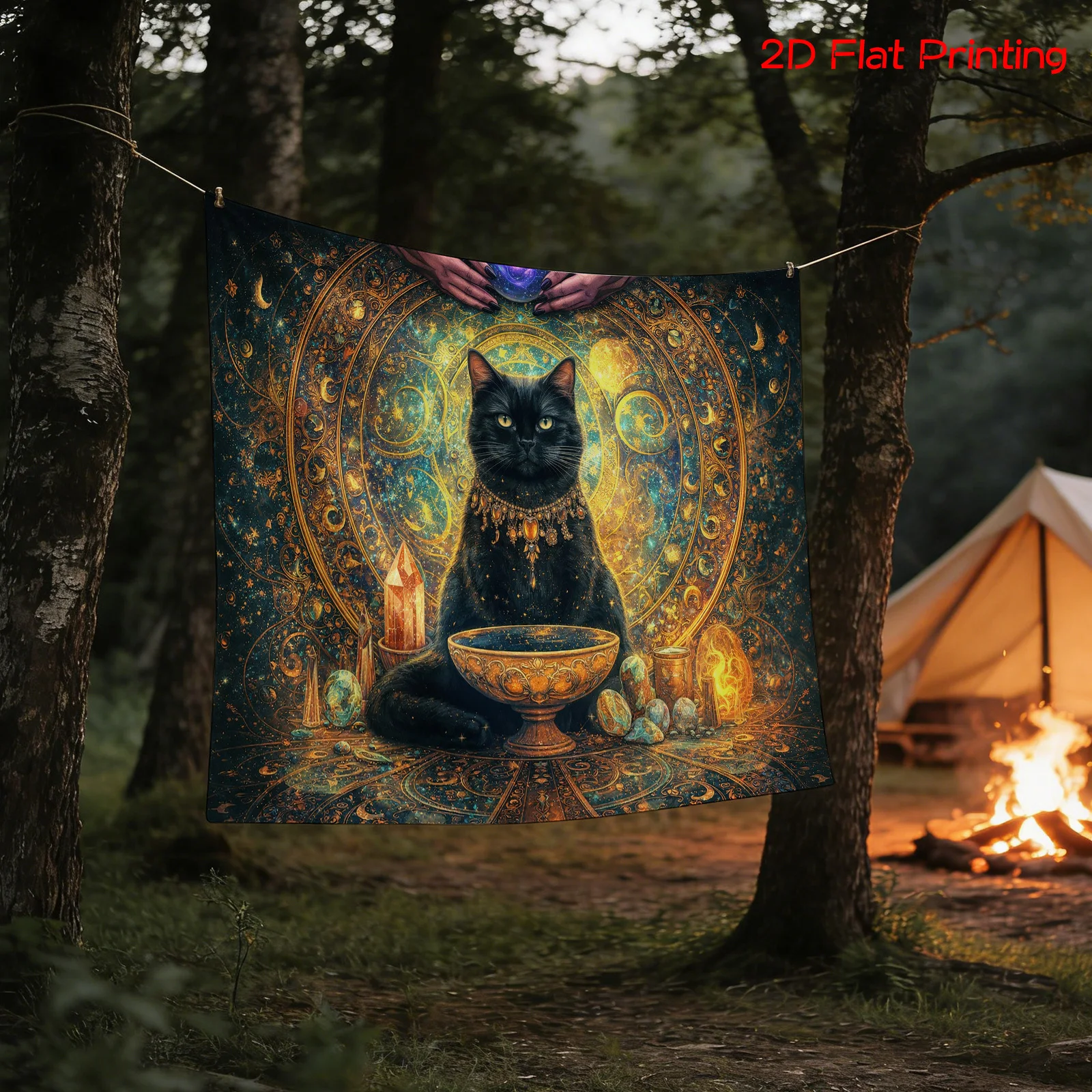 Boho Cosmic Cat Tapestry Wall Hanging Black Cat Astrology Boho Home Decor Mystical Polyester Print Celestial Zodiac Tarot Room D