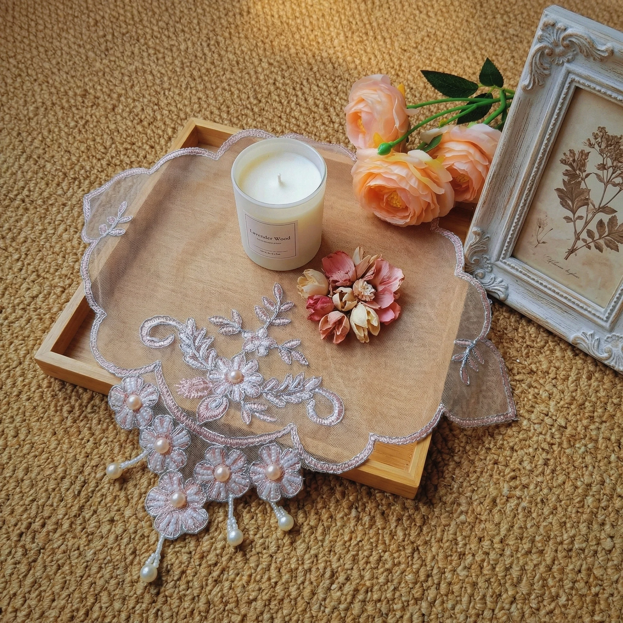 Set Of 8 Pink Lace Placemats Handmade Coaster Set Wedding Beaded Table Mats Vintage Photography Background Cloths - view 3