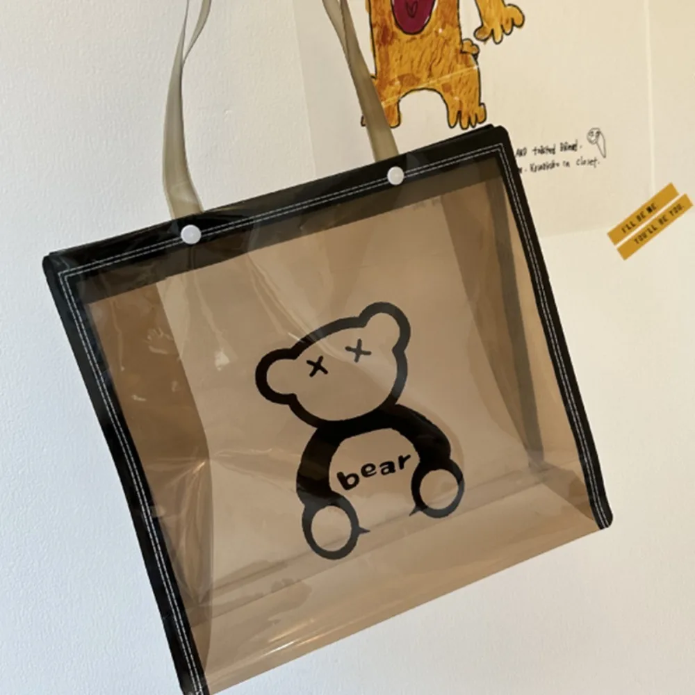 PVC Cartoon Bear Shoulder Bag With Button Waterproof Beach Swimming Storage Bag Handbags Lady Shopping Bag Totes