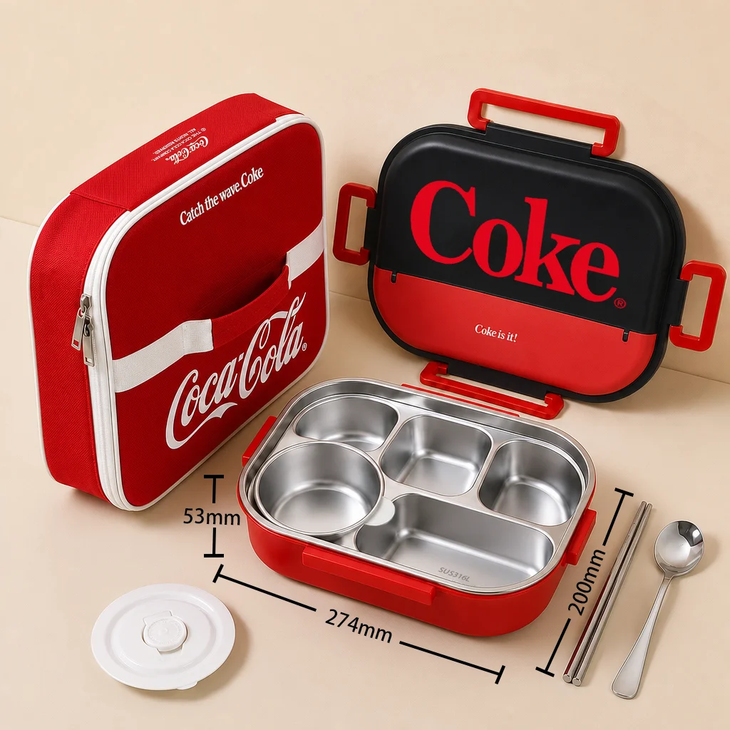 Coca Cola 1500ML 316L roestvrijstalen lunchbox, lekvrij, met soepkom en bestek, voor studenten, kantoormedewerkers en thuisgebruik, voor warme maaltijden.