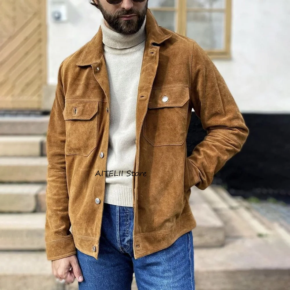 

Повседневный стиль, модный пиджак для мужчин, однобортный замшевый мужской пиджак с лацканами, костюмы из искусственной кожи, пиджак, одежда