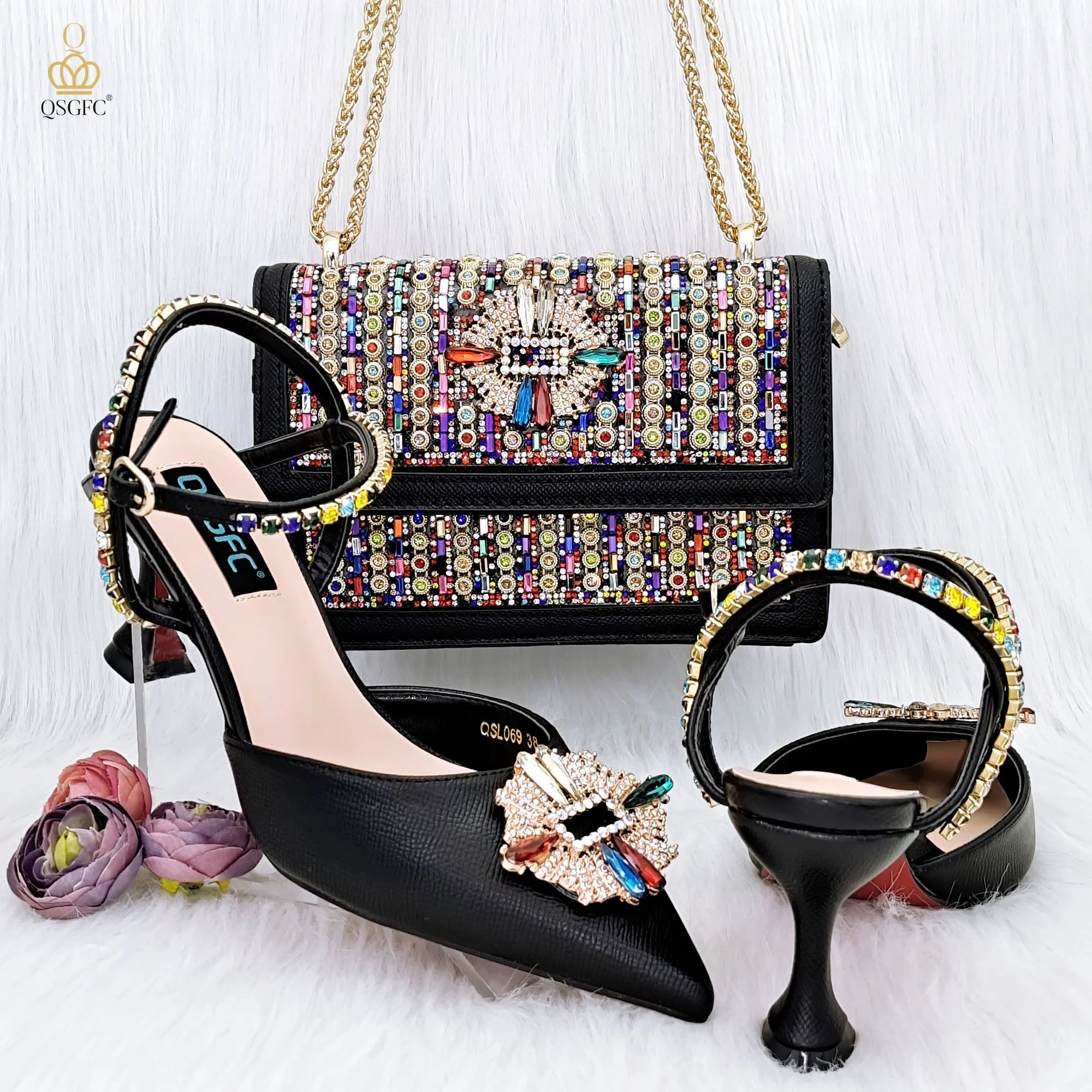 

QSGFC 2023 High Quality Women's Pumps And Bag Coloful Of Rhinestones In High-Grade Materials For A Nigerian Wedding