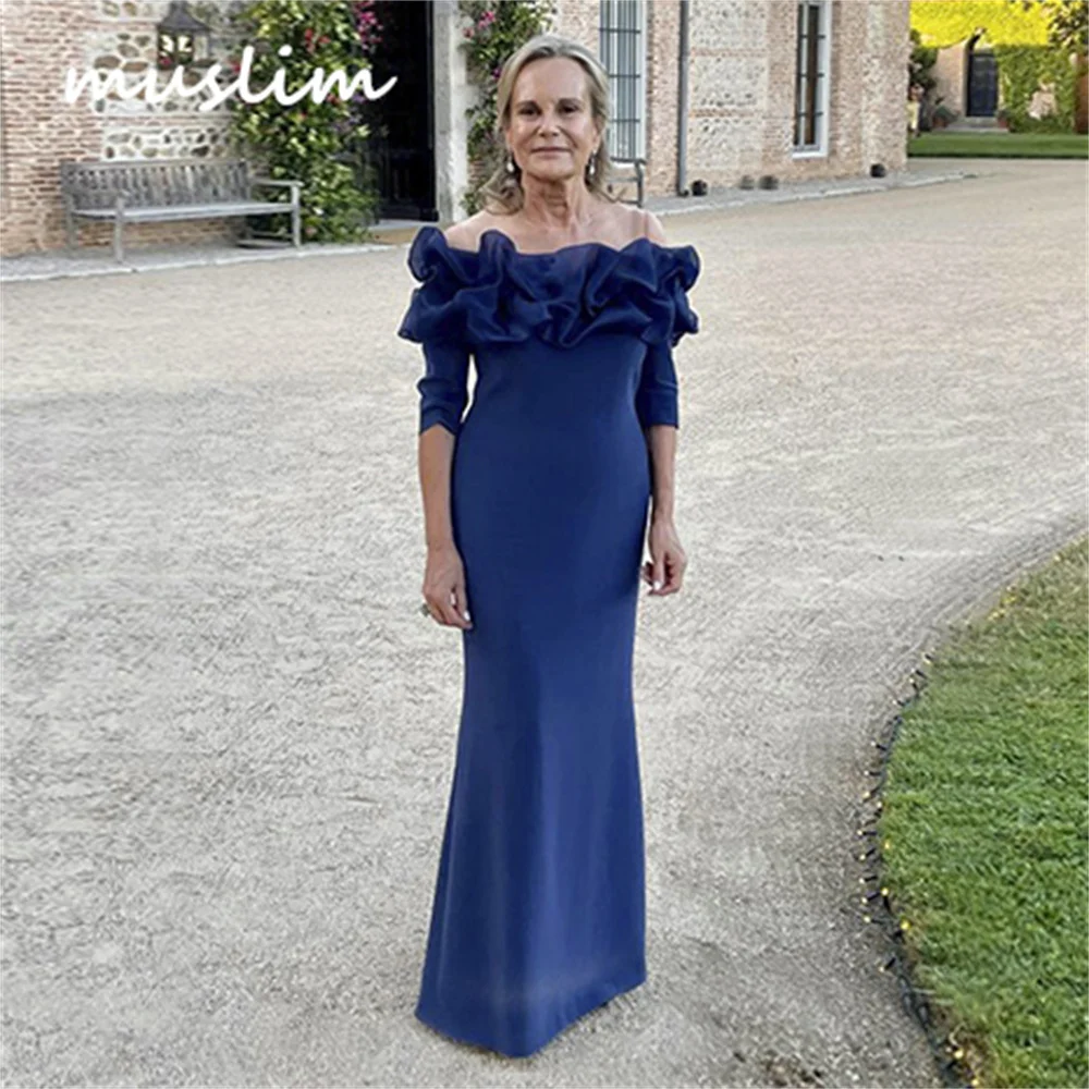 

Navy Blue Mother Of The Bride Dress With Sleeves Elegant Long Wedding Party Dress O Neck Plus Size Groom Mom Customized