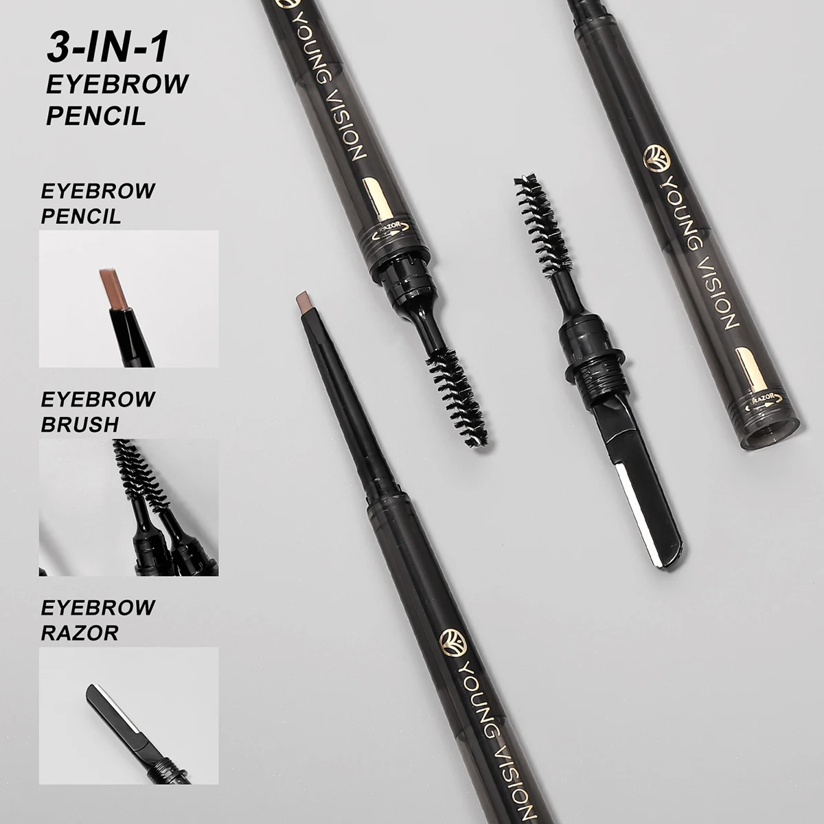 YOUNG VISION 3-in-1 Eyebrow Brush & Blade, Pencil Eyebrow Pencil, Convenient, Waterproof & Non-blotting Eyebrow Pencil