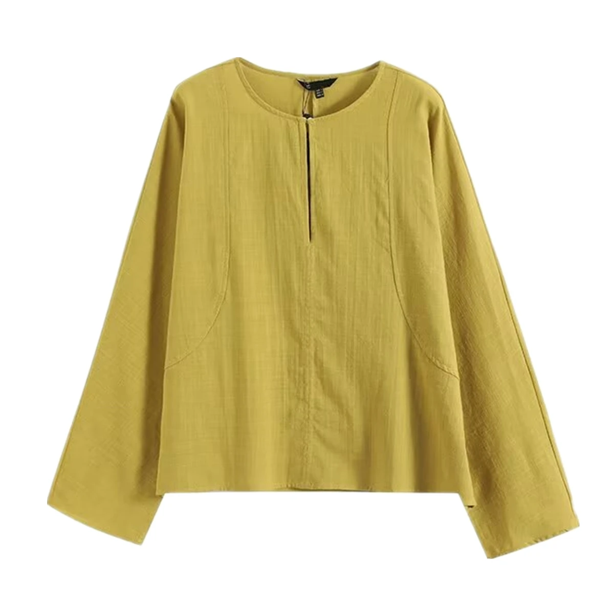 

Jenny&Dave French Minimalist Round Neck Loose Top Blouse Women Lazy Style Yellow Linen Shirt