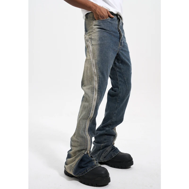 High Street Side Open Double Zipper Gradient Wash To Make Old Style Fitted men's Hipster Flared Jeans