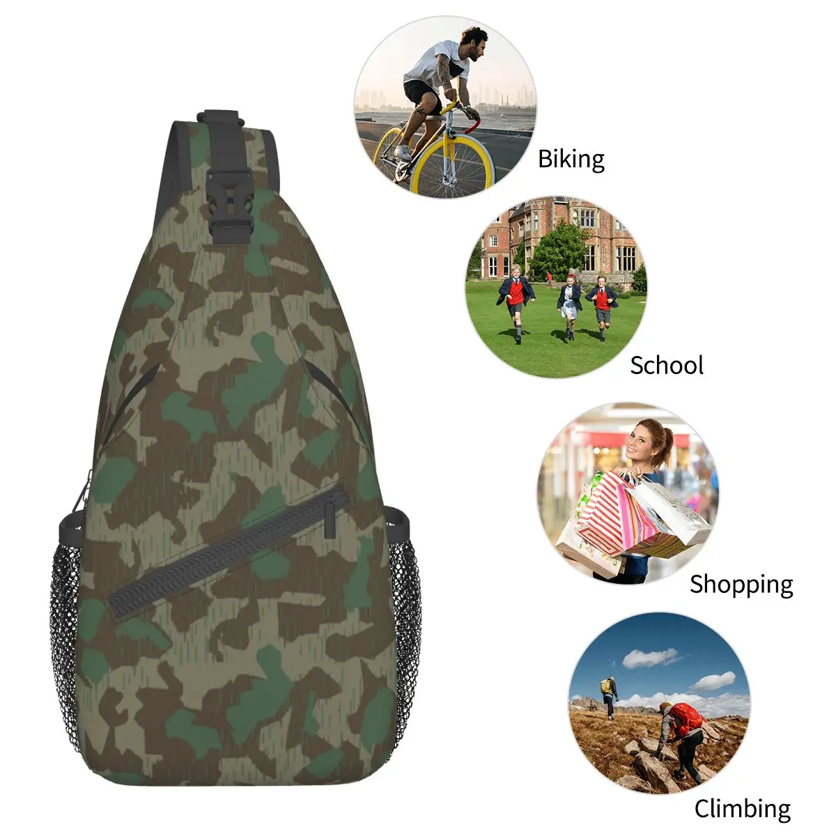 German Splittermuster Camouflage Crossbody Sling Bag Small Chest Bag camo Shoulder Backpack Daypack Hiking Travel Cycling Bag