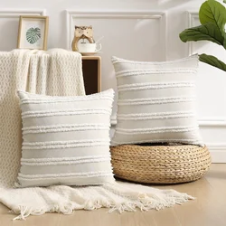 Olanly Boho Throw Pillow Cover Neutral Striped Cushion Cover 50x50cm Cotton Linen Pillow Case For Couch Sofa Living Room 45x45