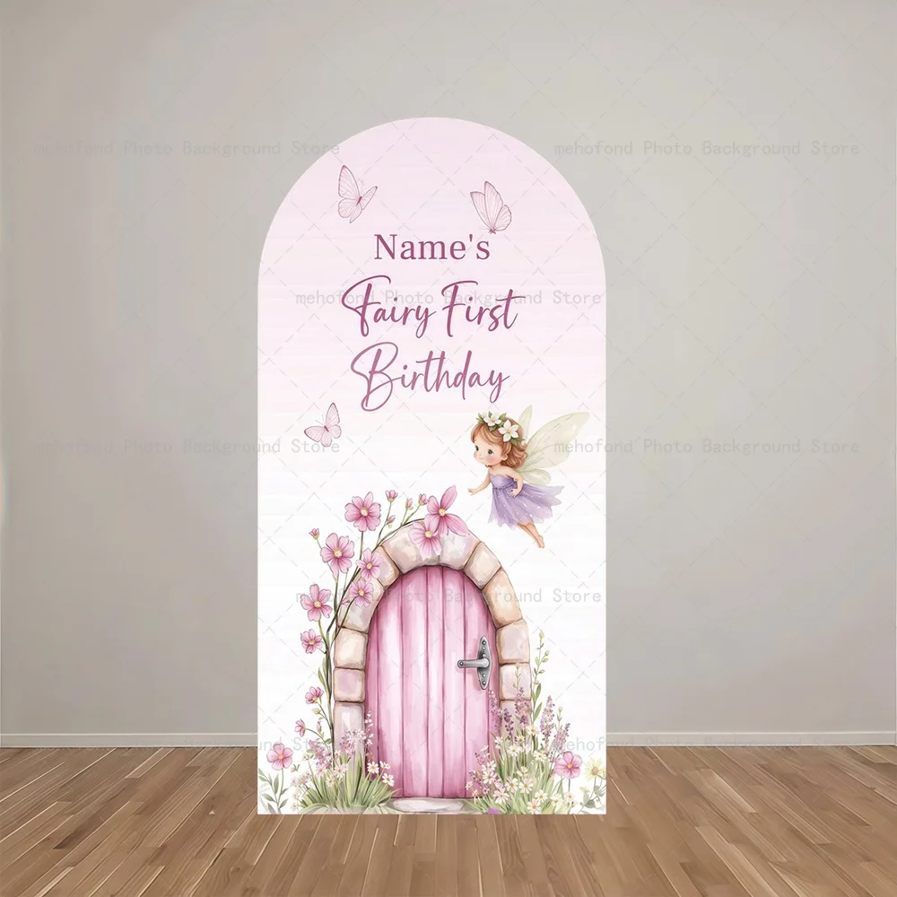 Mehofond Arch Backdrop Customized Name Flower Fairy Butterfly Baby Shower Birthday Party Decor Studio Photography Background