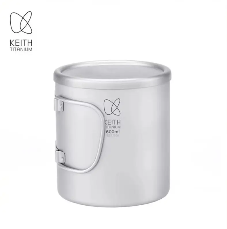 Keith Pure Titanium Double Wall Heat-Insulated Mug with Foldable Handle, Lightweight Portable Cup for Camping Hiking Travel