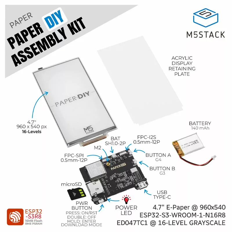 M5Stack PaperDIY Assembly Kit, ESP32-S3R8 4.7 Inch E-Paper Display 960×540 16 Gray Scale E-Ink Screen DIY Development Board