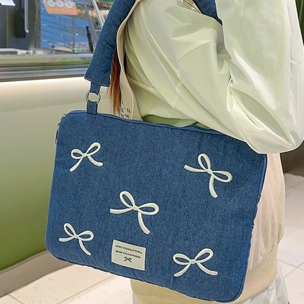 Moda moderna saco de computador bowknot bordado à prova de choque manga portátil 14 polegadas macio tablet carring caso negócios