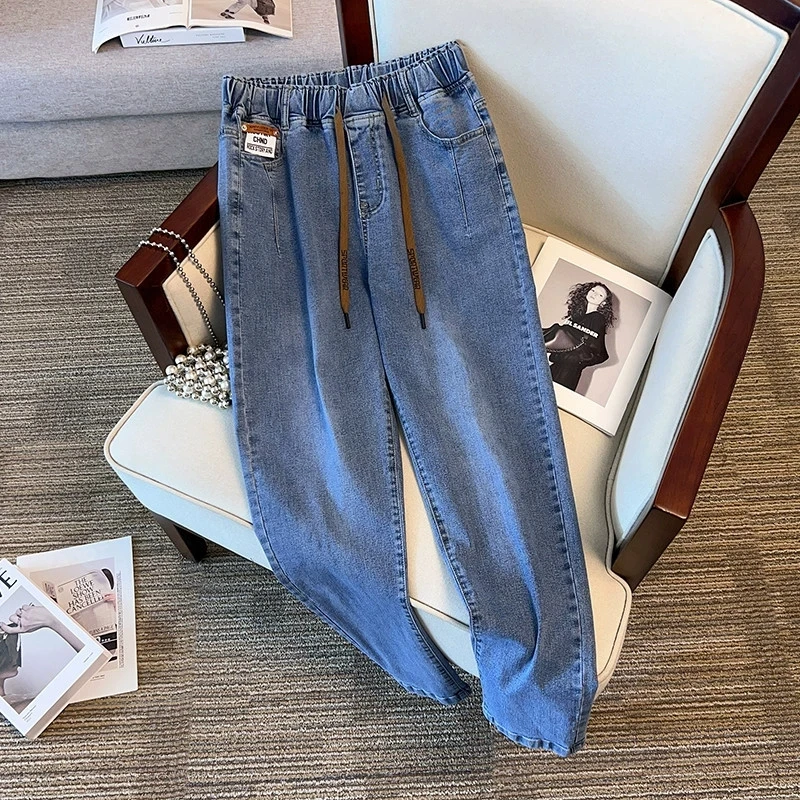 Plus Size 7XL 170kg Women Denim Pants High Elastic Waist Jeans Trousers Pockets Thin Slim Ladies Ankle Length Loose Trousers