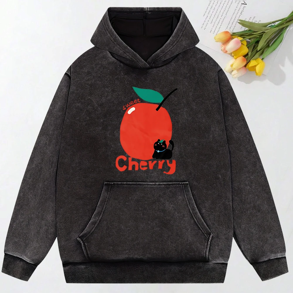 Süße Kirsche und schwarze Katze gedruckt Frauen gewaschen Hoodies Herbst Mode Kleidung Baumwolle All-Match Hoodie lose lässige Hoody