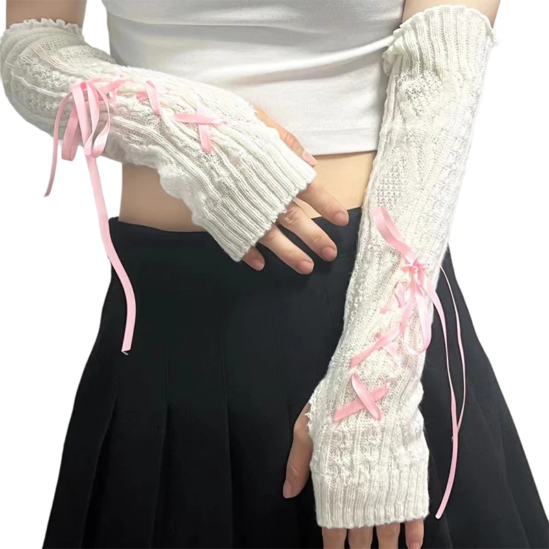 Y2K Dark Lolita style Tie Ribbon Knitted Sleeve Arm Cover Sweet Hottie Street Cool Girls Jk Lace-Up Cuffs Fingerless Gloves