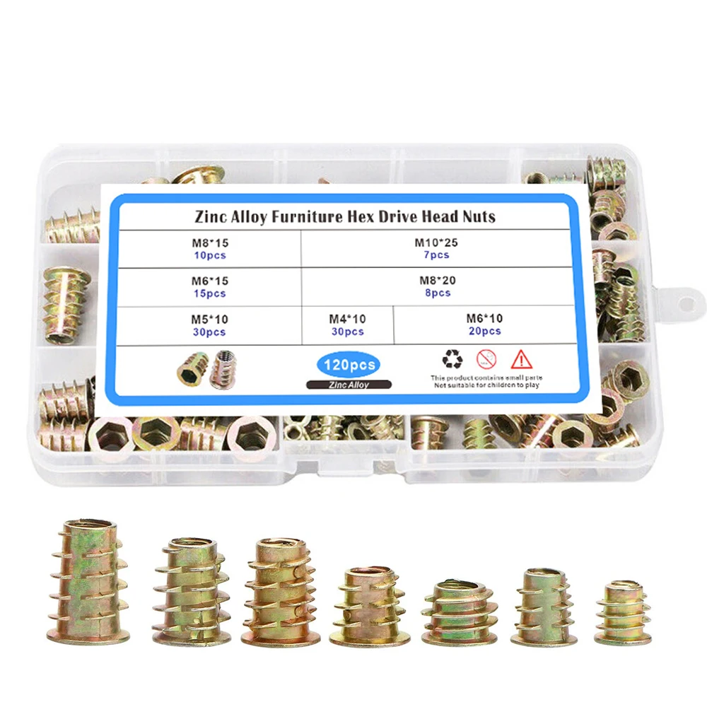 120pcs Zinc Alloy Hex Flanged Screw-in Nut M4-M10 Hex Socket Drive Threaded Inserts Nuts Assortment Set for Wood Furniture