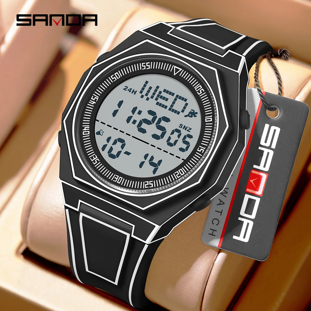 SANDA 9097 Men's and Women's Sports Electronic Watch Multi Functional 5ATM Waterproof Colorful Night Light Alarm Clock Timing