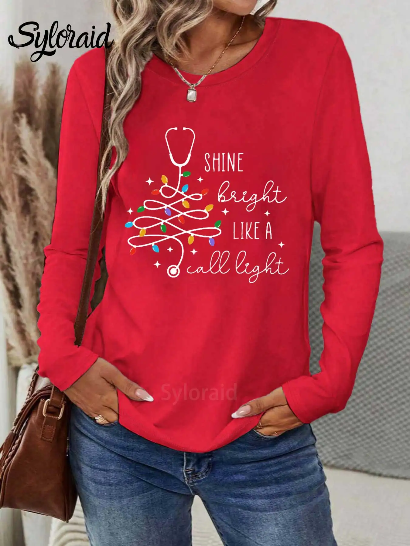 تي شيرت نسائي طويل الأكمام مضحك ممرضة عيد الميلاد جرافيك تي شيرت أزياء جولة الرقبة عارضة أعلى #3