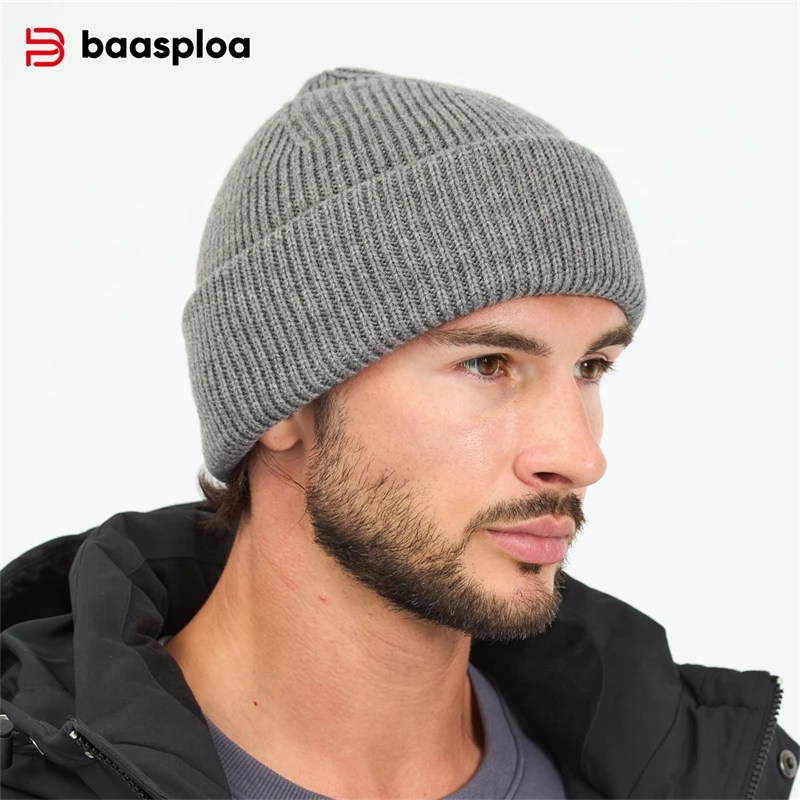 

Baasploa Men's Beanies Cap New Outdoor Hip Hop Street Wool Warm Casual Hats Autumn Fashion Solid Color Wool Warm Knitted Hats