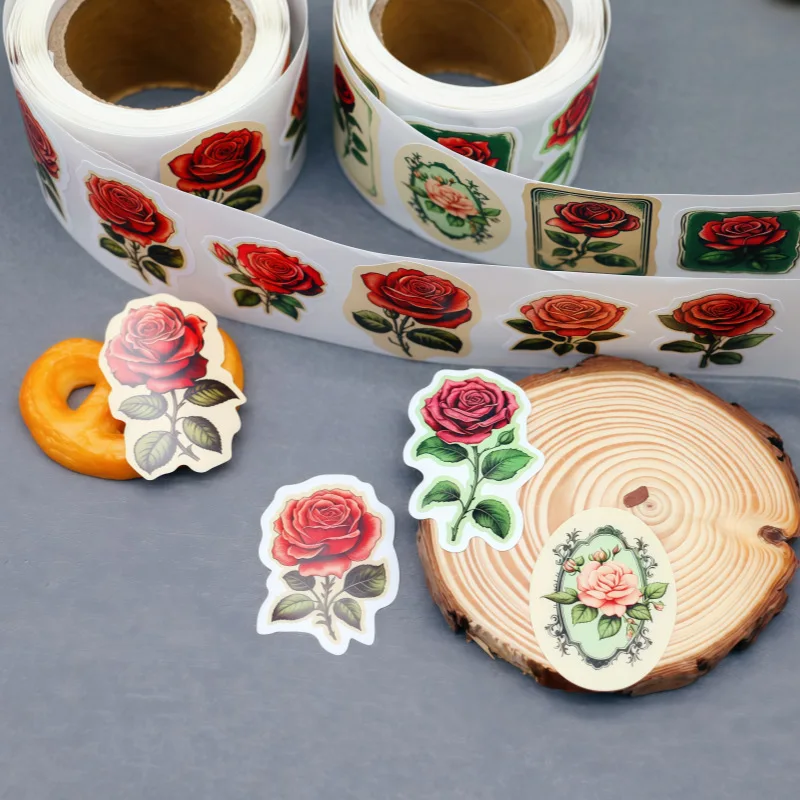 250 Pieces/Rroll Retro Red Rose Flower Pattern Decoration Roll Stickers Laptop Envelope Sealing Stickers