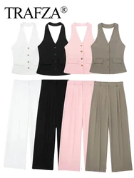 TRAFZA 2024 Women Fashion Solid Vest Pant Suit Pocket Sleeveless Halter Vest Top+High Waist Zipper Wide Leg Pant Office Lady Set