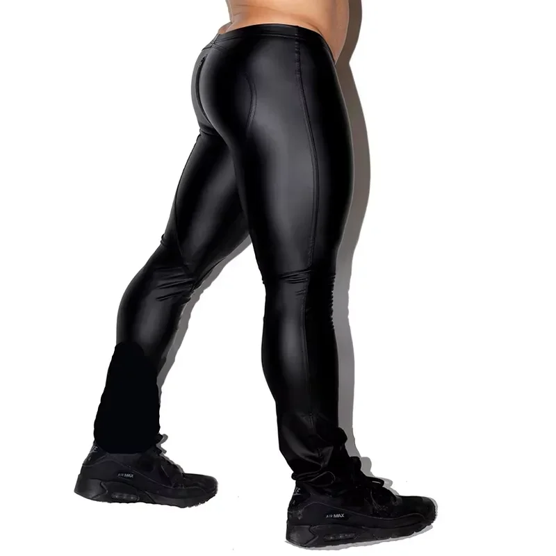 New Men Sexy PU Fetish Open Crotch Pants Nightclub Stage Costume Clubwear Pole Dance Exotic Gothic Leather Leggings