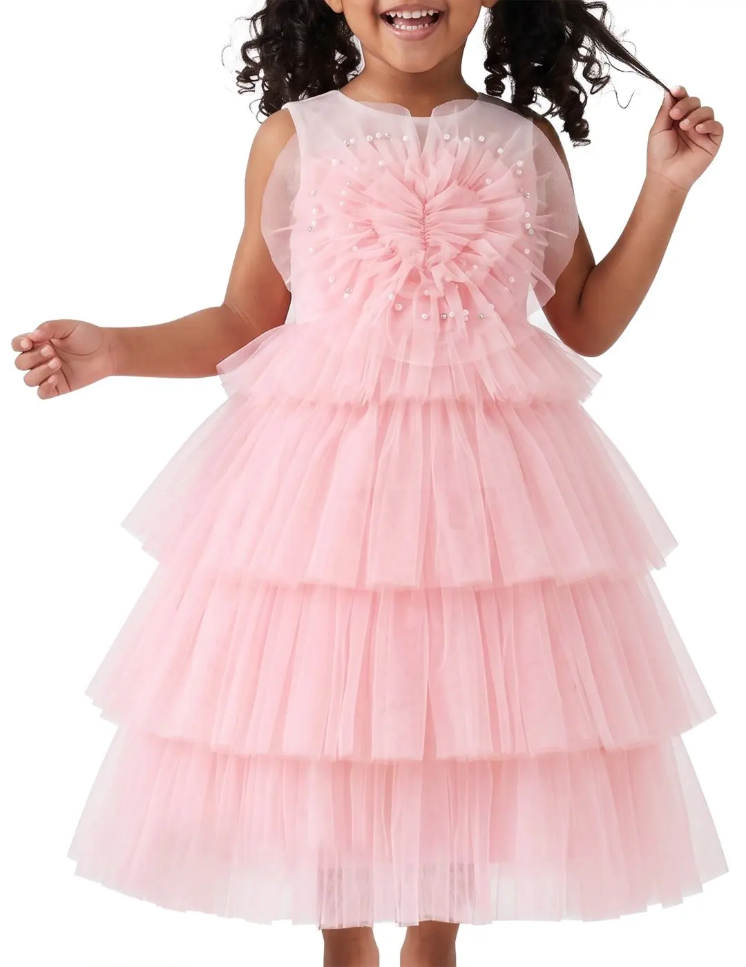 Girls Dress Light Pink Tulle Heart Sleeveless Party Layer Tiered Wedding Formal Dresses Ankle