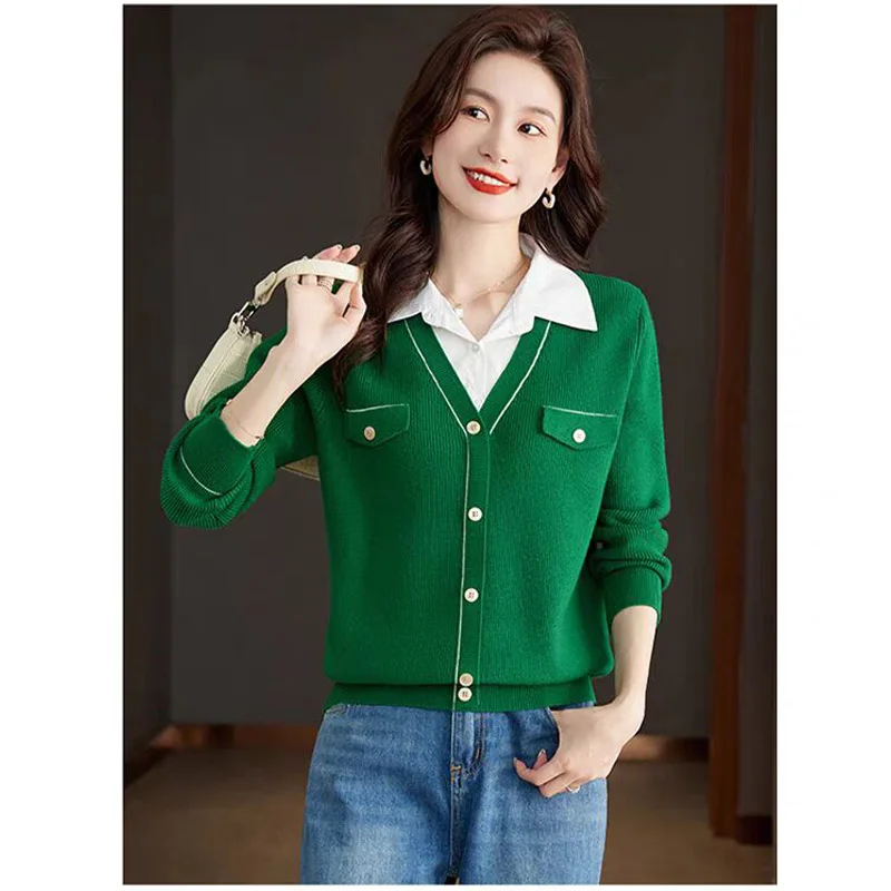 

Autumn New Fake Two Pieces Tops Women Clothing Fashion Shirt Collar Sweater Vintage Casual Slim Knitted Cardigan