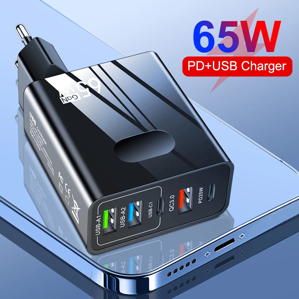 65W GaN 5 Ports USB C Fast Charging Phone Charger For iPhone Samsung Xiaomi Pixel PD Quick Charging Wall Adapter EU/US/UK Plug