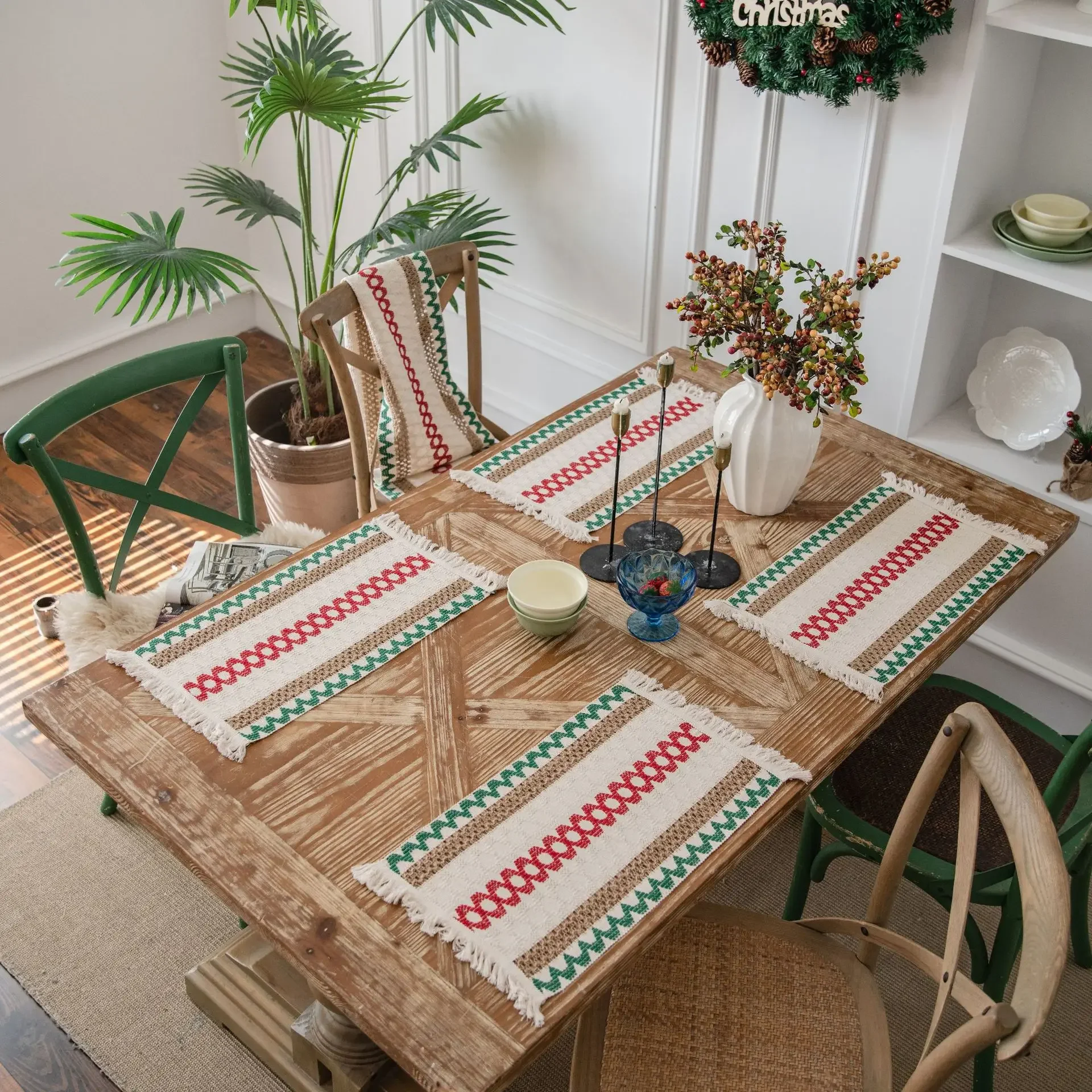 New 4pcs Jute Placemat, Woven Color Block Striped Tassel Bowl Mat, Festival Decor Table Mat for Tabletop