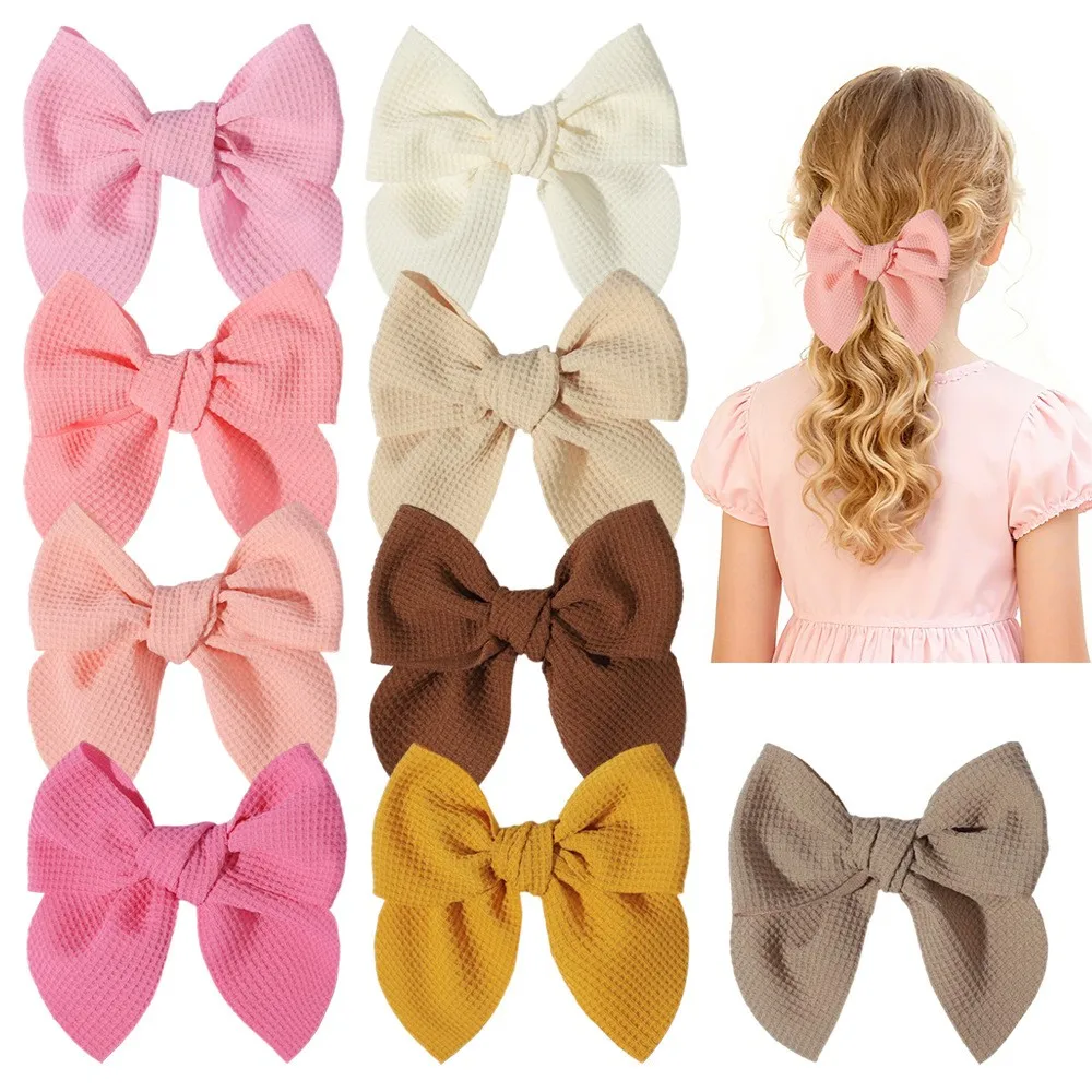 60pc Baby Girl Waffle Hair Bow Clips 4.5' Solid Color Fable Bow Hairpins Toddler Barrettes Kids Hair Accessories Bulk