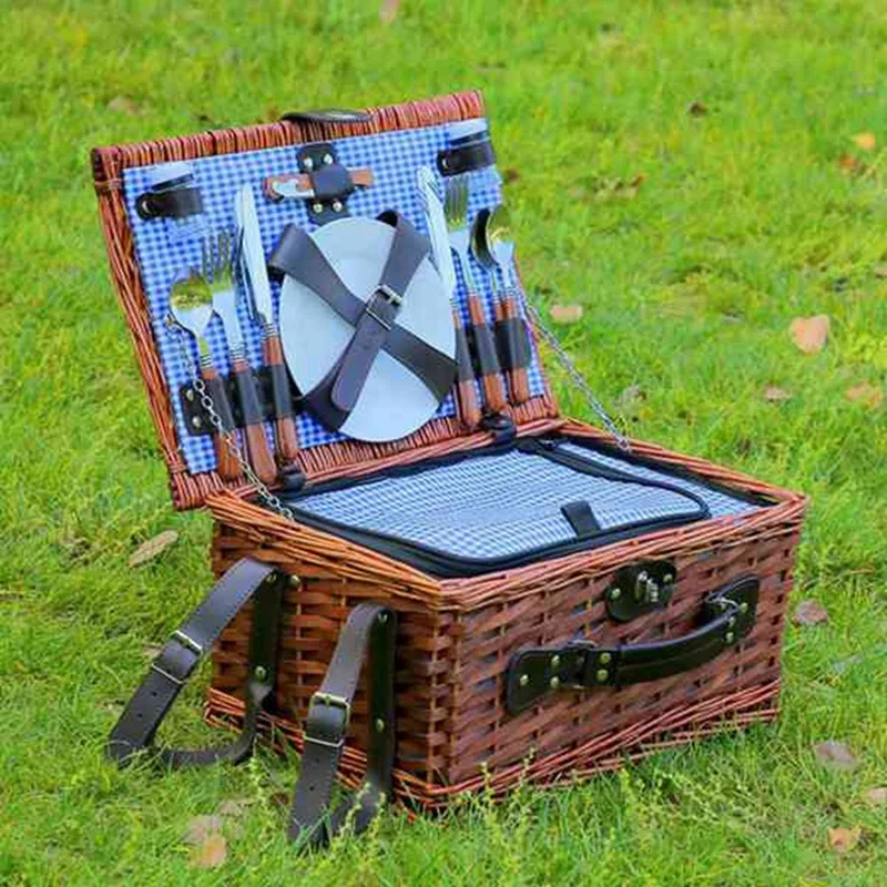 Suitable For 4 People Wicker Picnic Basket Camping Lunch Box Set Ice Bag Insulation Portable Shopping Bag (Blue)