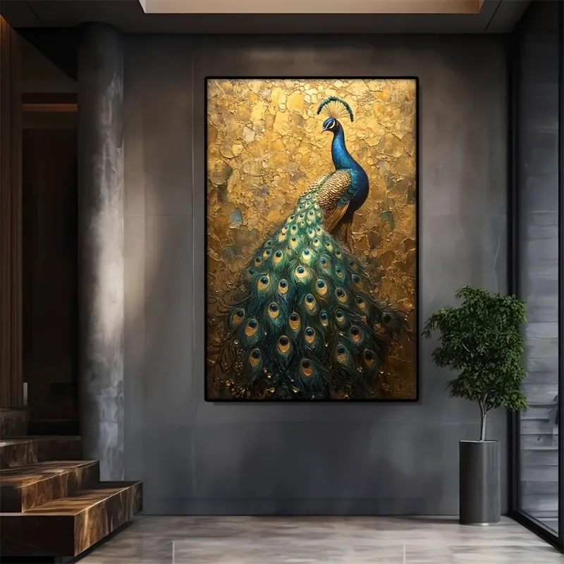 

Peacock Vibrant Blue And Green Feathers On Golden Large Wall Art Home Decor Canvas Painting For Bedroom, Living Room, Office