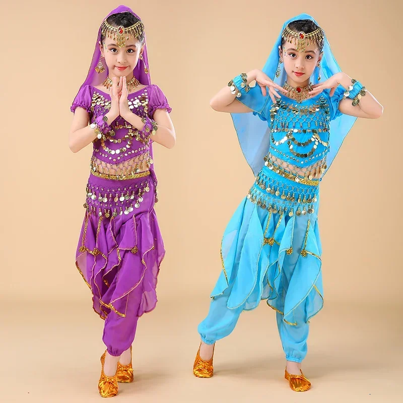 Trajes de danza del vientre para niños, 6 colores, trajes de danza del Egipto, ropa de Bollywood, conjuntos de baile indio para niñas, ropa de actuación, vestido