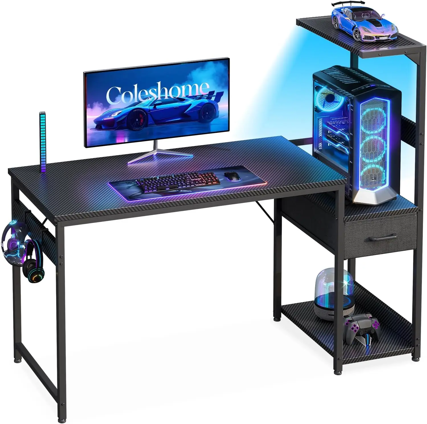 Escritorio para juegos con iluminación LED, mesa para juegos de 120×48 cm con cajones y estante, mesa reversible para gamers