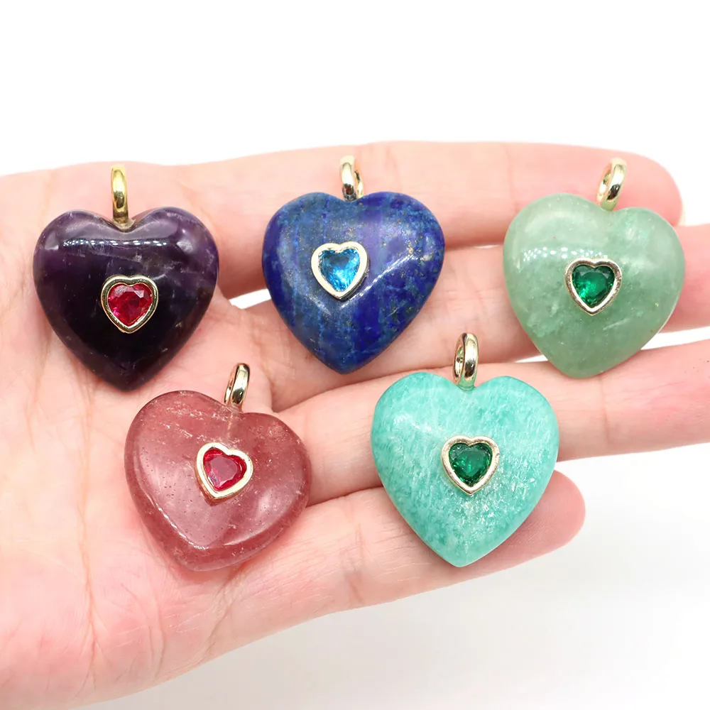 25mm Natural Stone Crystal Heart Pendants Inlaid Color Zircon Love Shape Gemstone Charm for DIY Necklace Jewelry Making Supplies