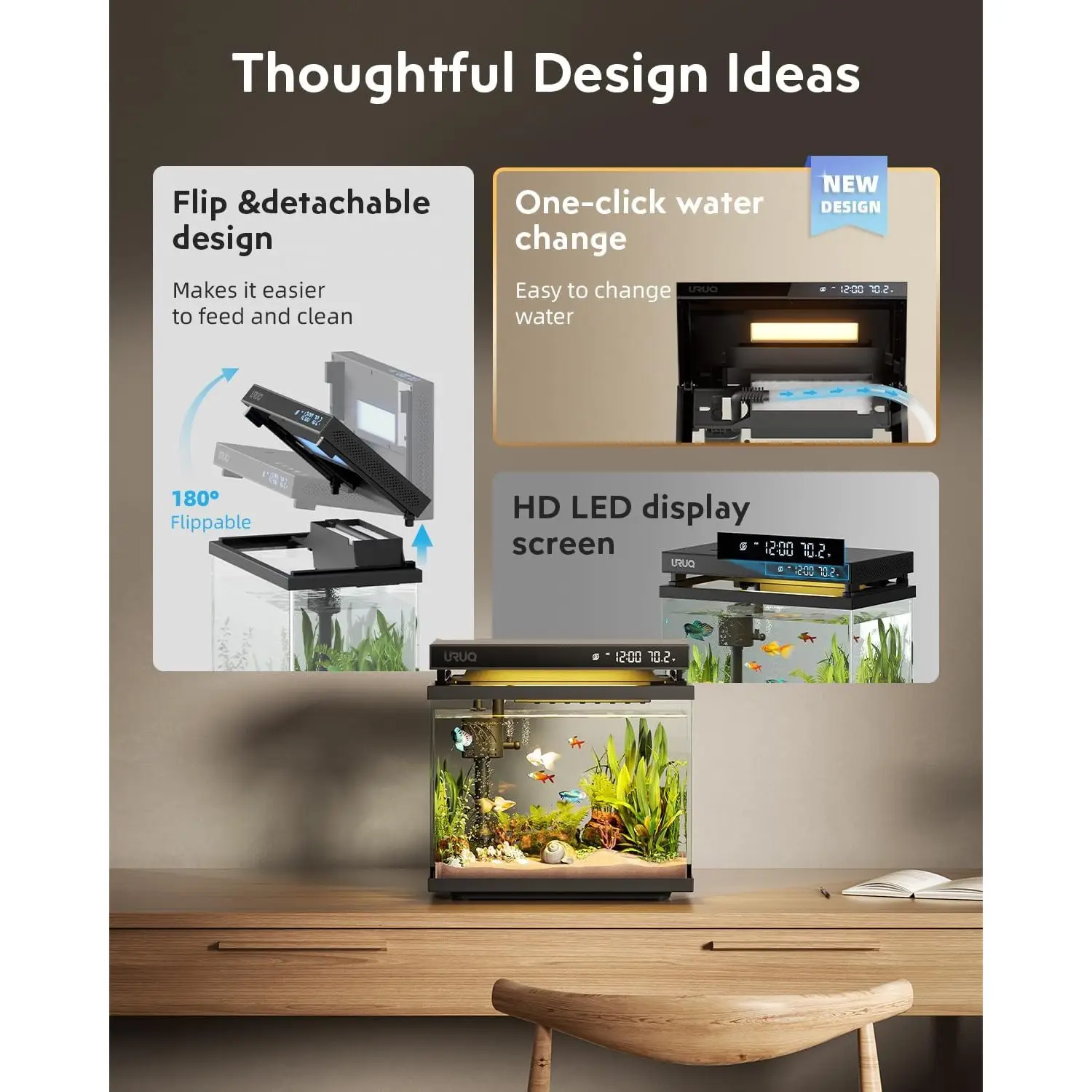 

URUQ Smart 2-Gallon UHD Black Glass Aquarium Kit Kids Silent Pump Self-Cleaning Multi-Layer Filtration 7-Color Temperature