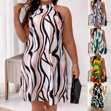 

Y2K women's summer new casual dress sleeveless neck fashion printing vertical stripe commuter holiday party seaside beach dress